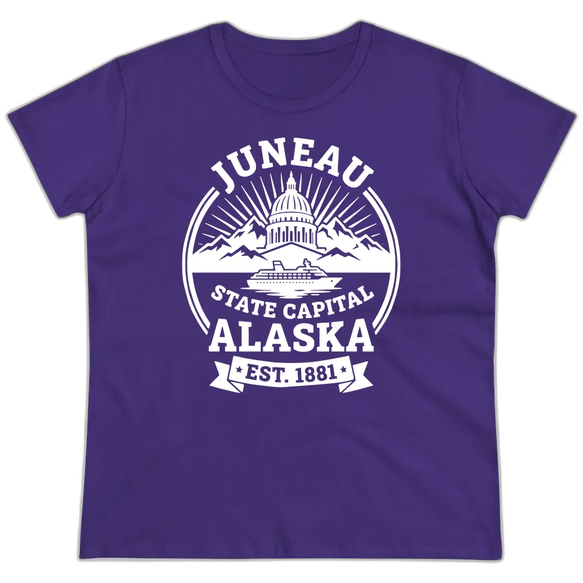 Juneau State Capital Alaska Cruise Badge Ladies Tee in Purple