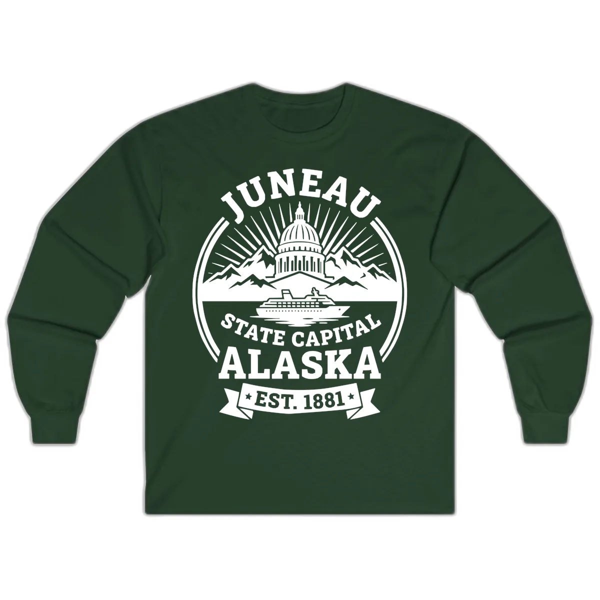 Juneau State Capital Alaska Cruise Badge Long Sleeve in Forest Green
