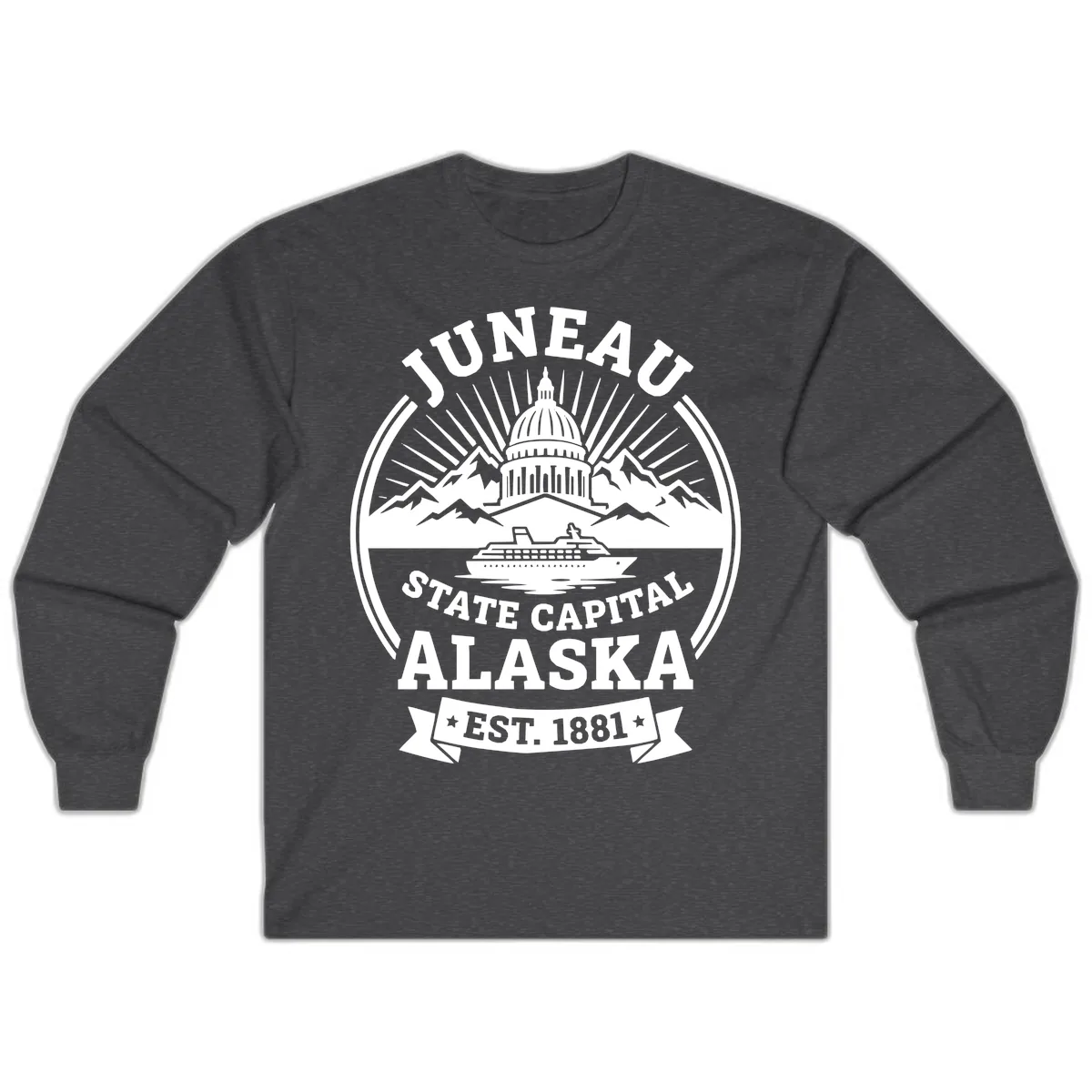 Juneau State Capital Alaska Cruise Badge Long Sleeve in Dark Heather