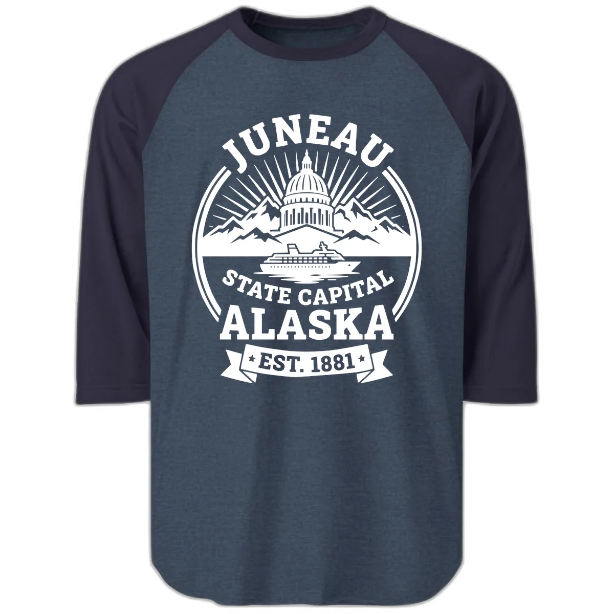 Juneau State Capital Alaska Cruise Badge Raglan 3/4 in Heather Denim Navy