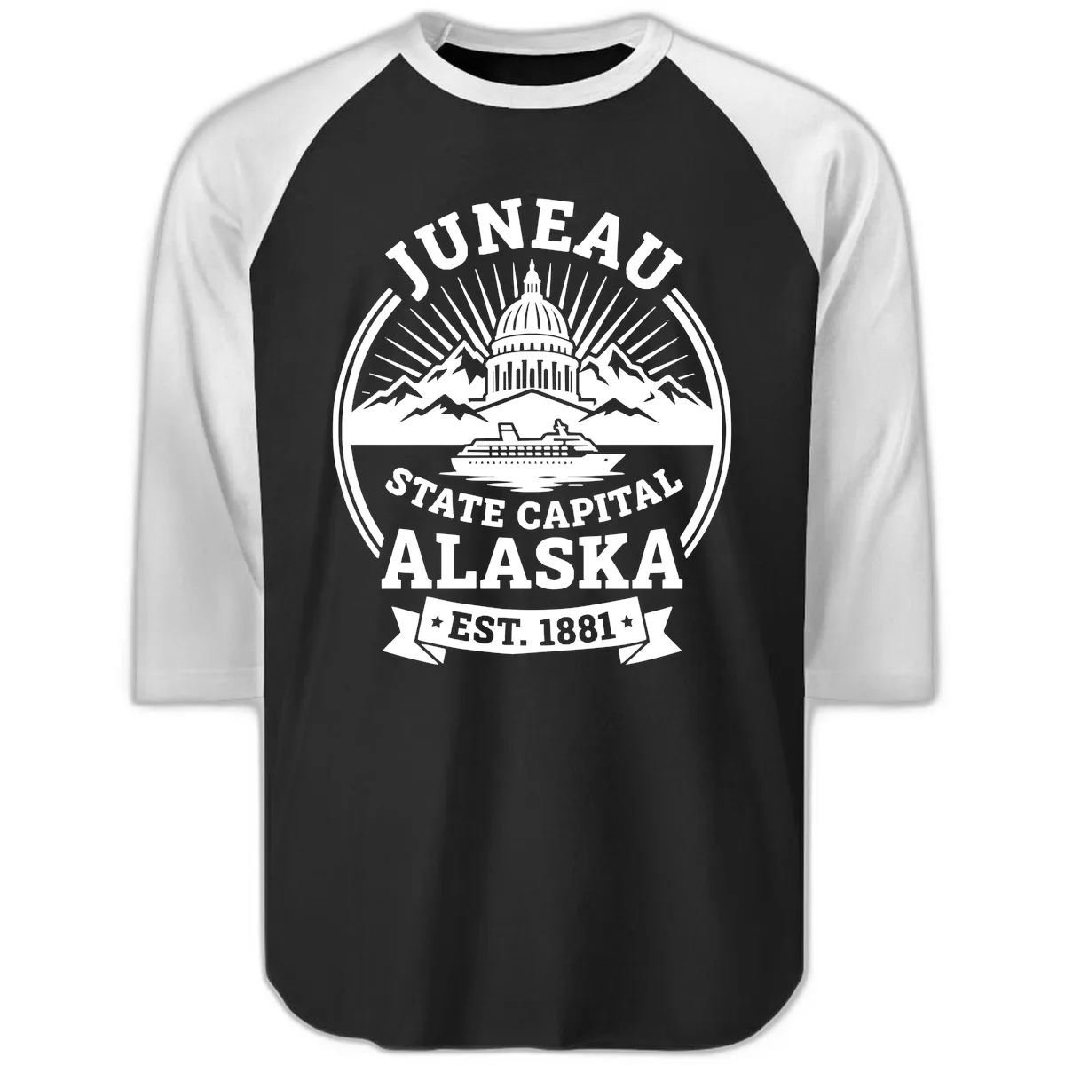 Juneau State Capital Alaska Cruise Badge Raglan 3/4 in Black White