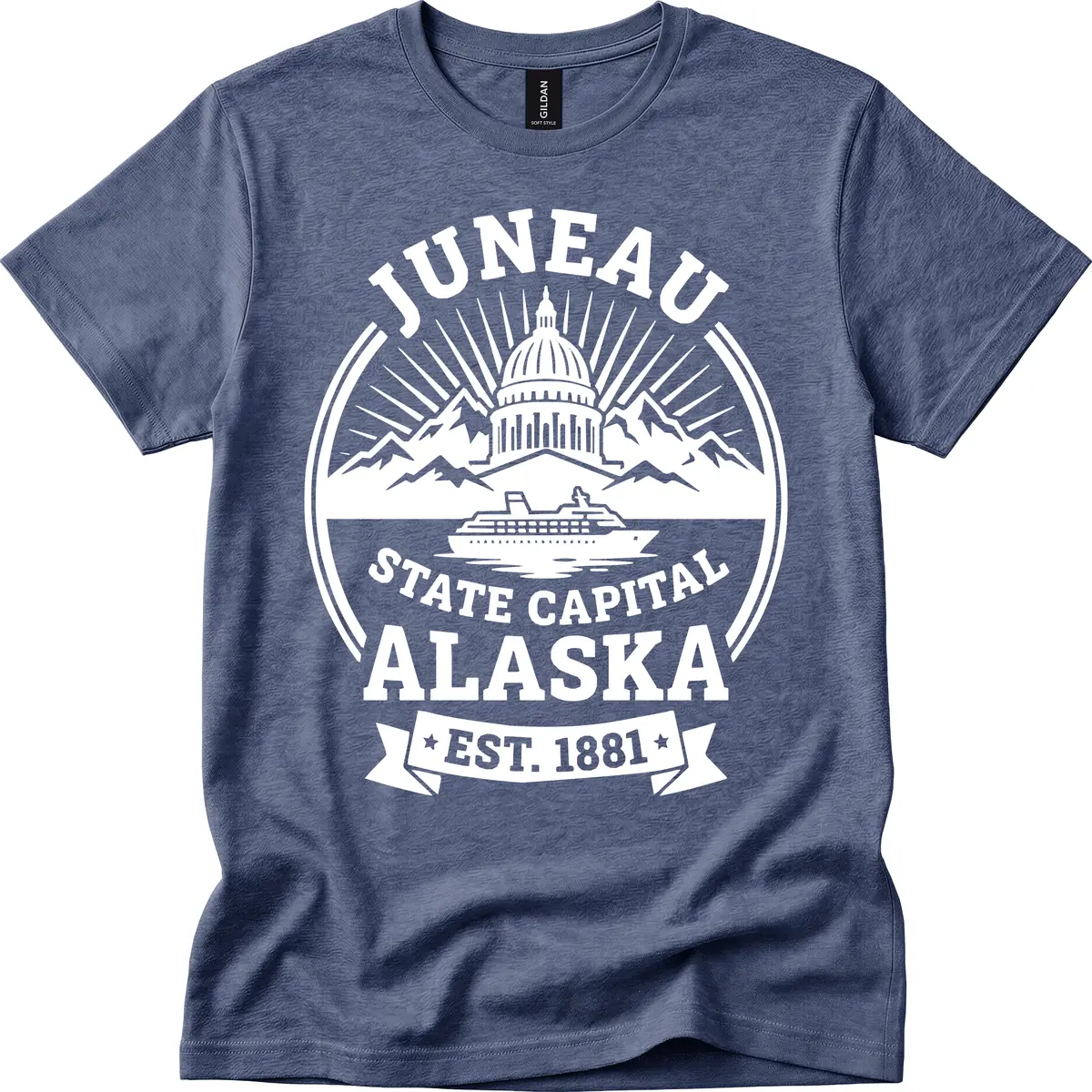 Juneau State Capital Alaska Cruise Badge T-Shirt in Heather Navy