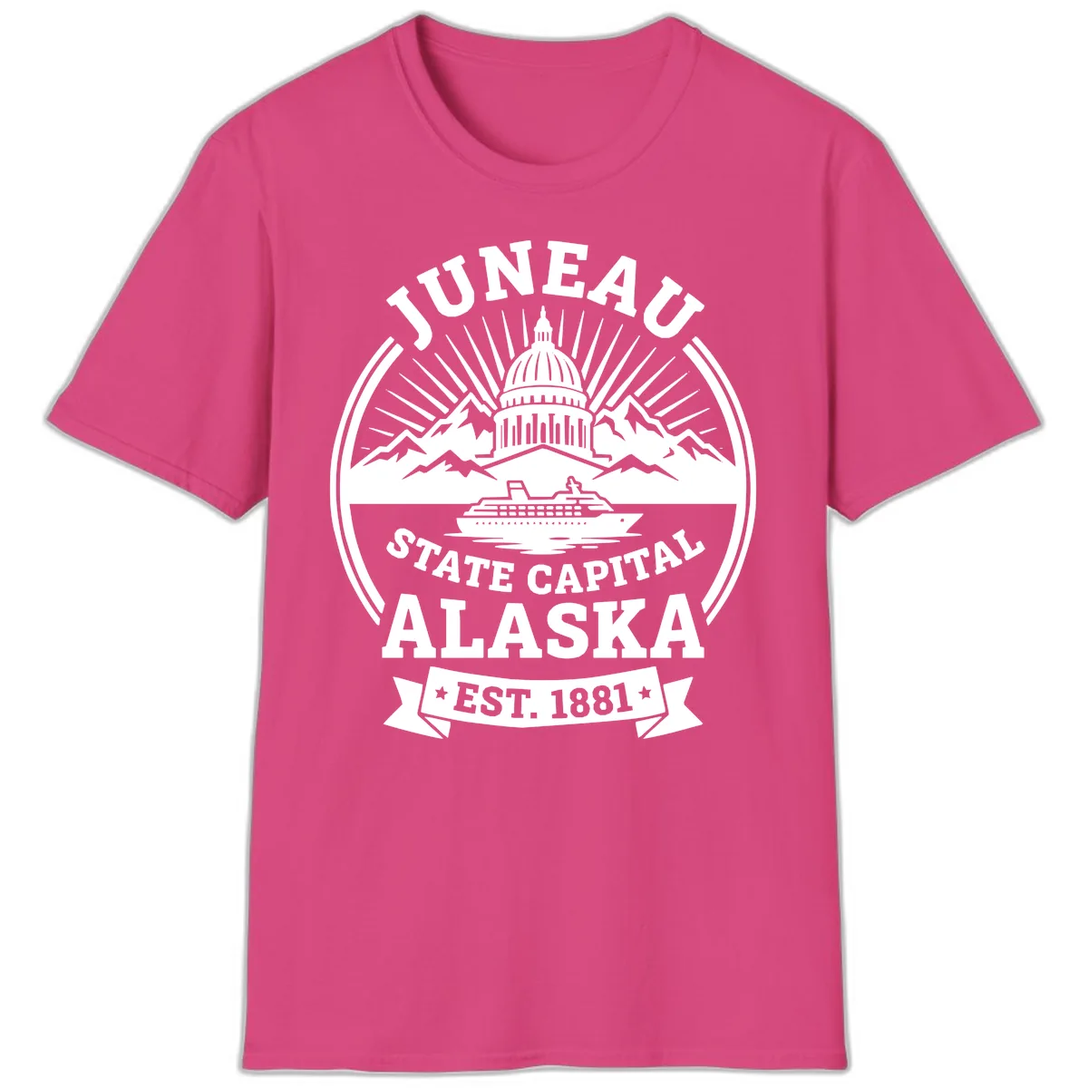 Juneau State Capital Alaska Cruise Badge T-Shirt in Heliconia
