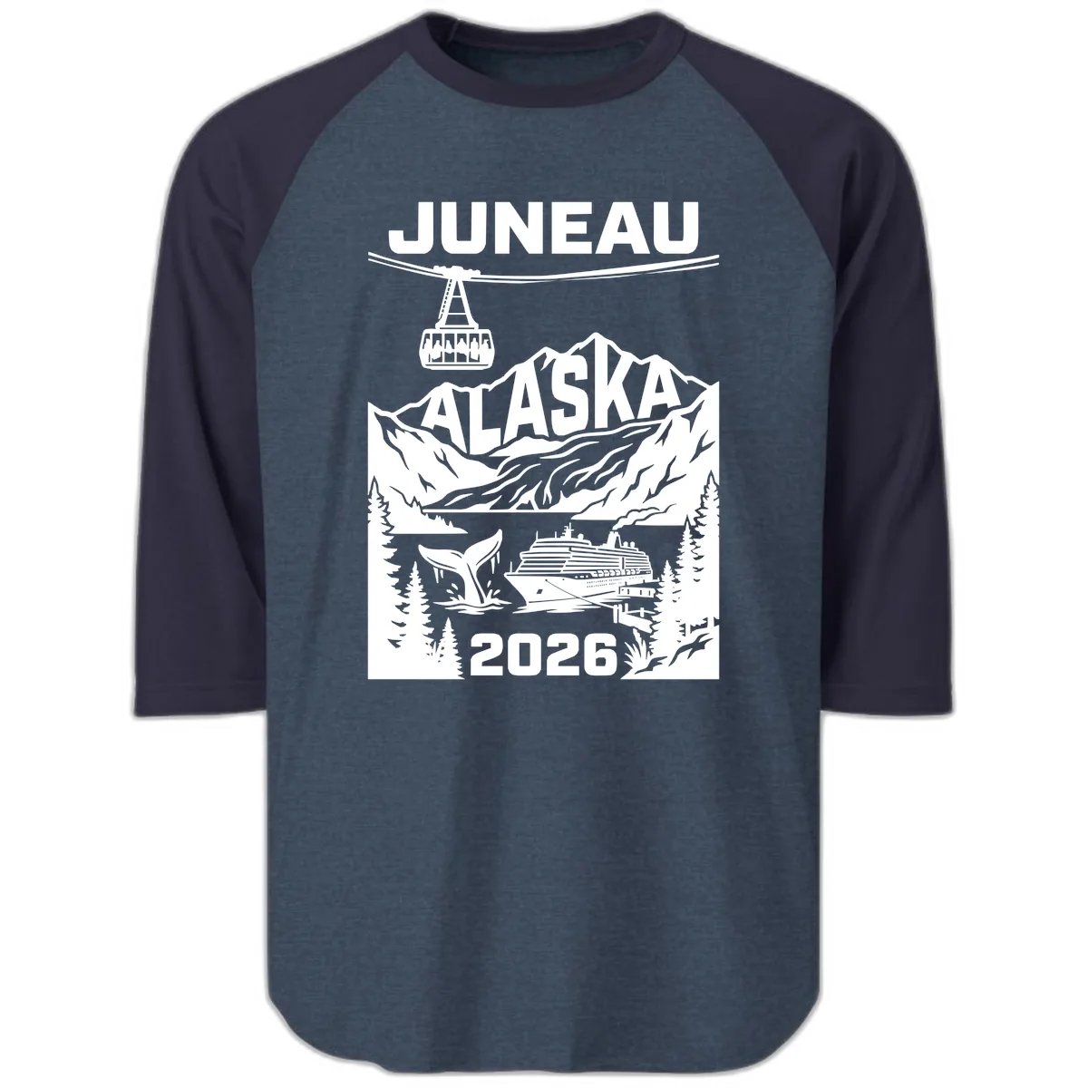 Alaska Cruise Adventure Design Raglan 3/4 in Heather Denim Navy