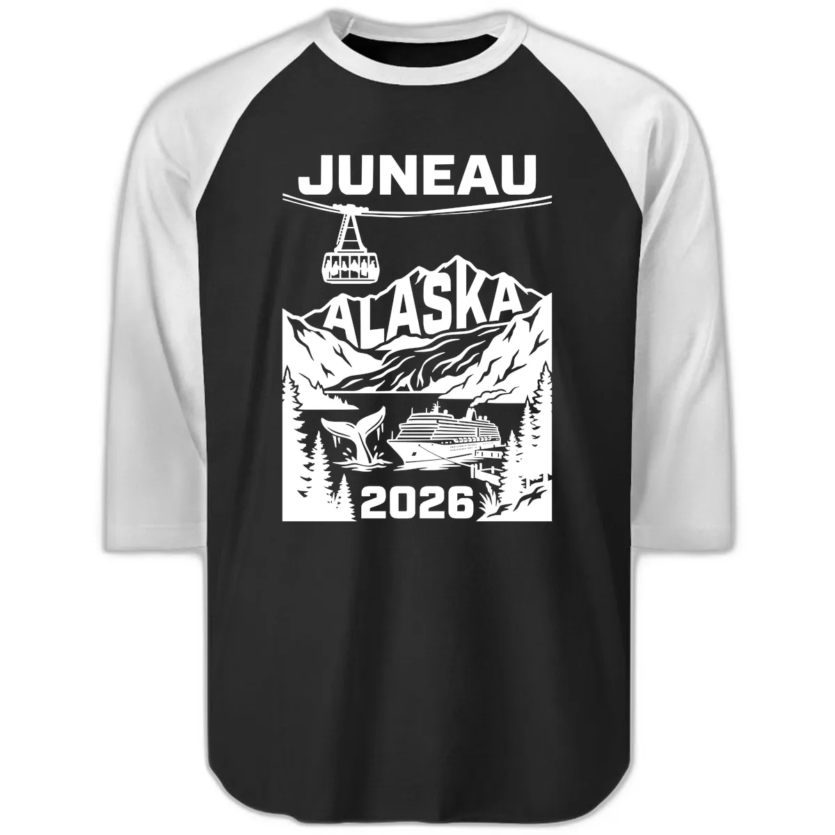 Alaska Cruise Adventure Design Raglan 3/4 in Black White