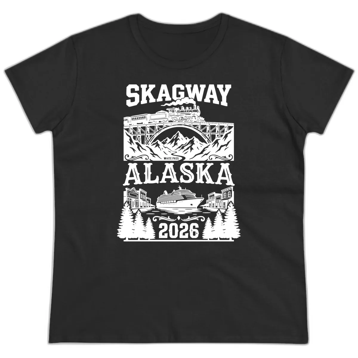 Skagway Alaska 2026 Cruise Adventure Ladies Tee in Black