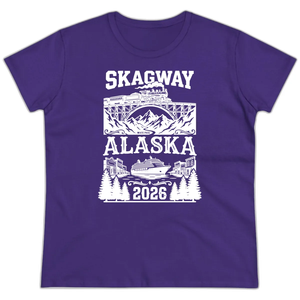 Skagway Alaska 2026 Cruise Adventure Ladies Tee in Purple