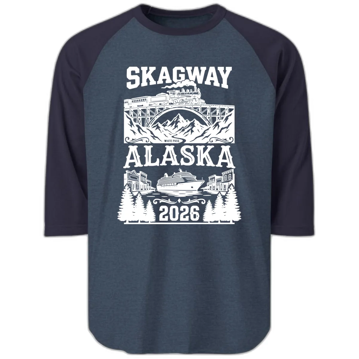 Skagway Alaska 2026 Cruise Adventure Raglan 3/4 in Heather Denim Navy