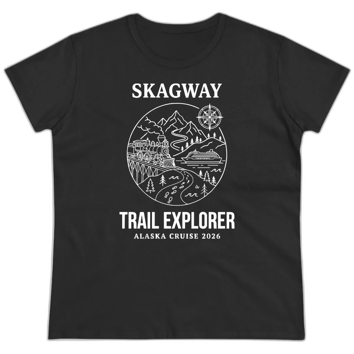 Skagway Trail Explorer Alaska Cruise Ladies Tee in Black