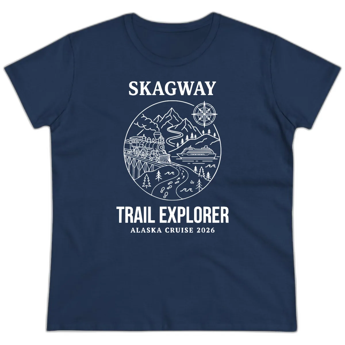 Skagway Trail Explorer Alaska Cruise Ladies Tee in Navy