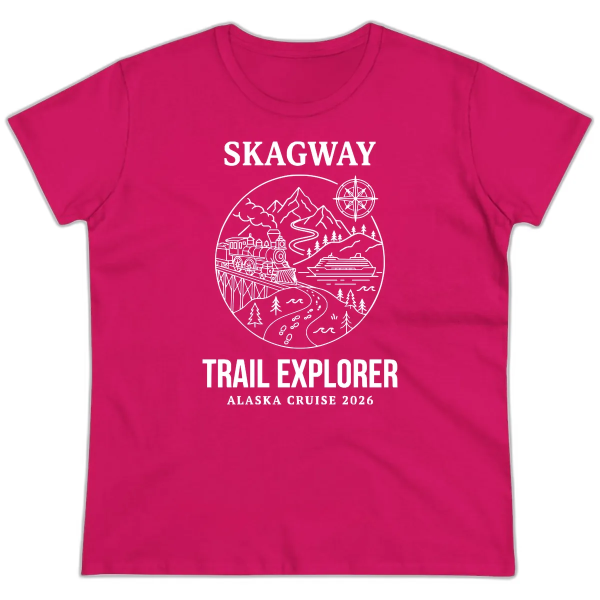 Skagway Trail Explorer Alaska Cruise Ladies Tee in Heliconia