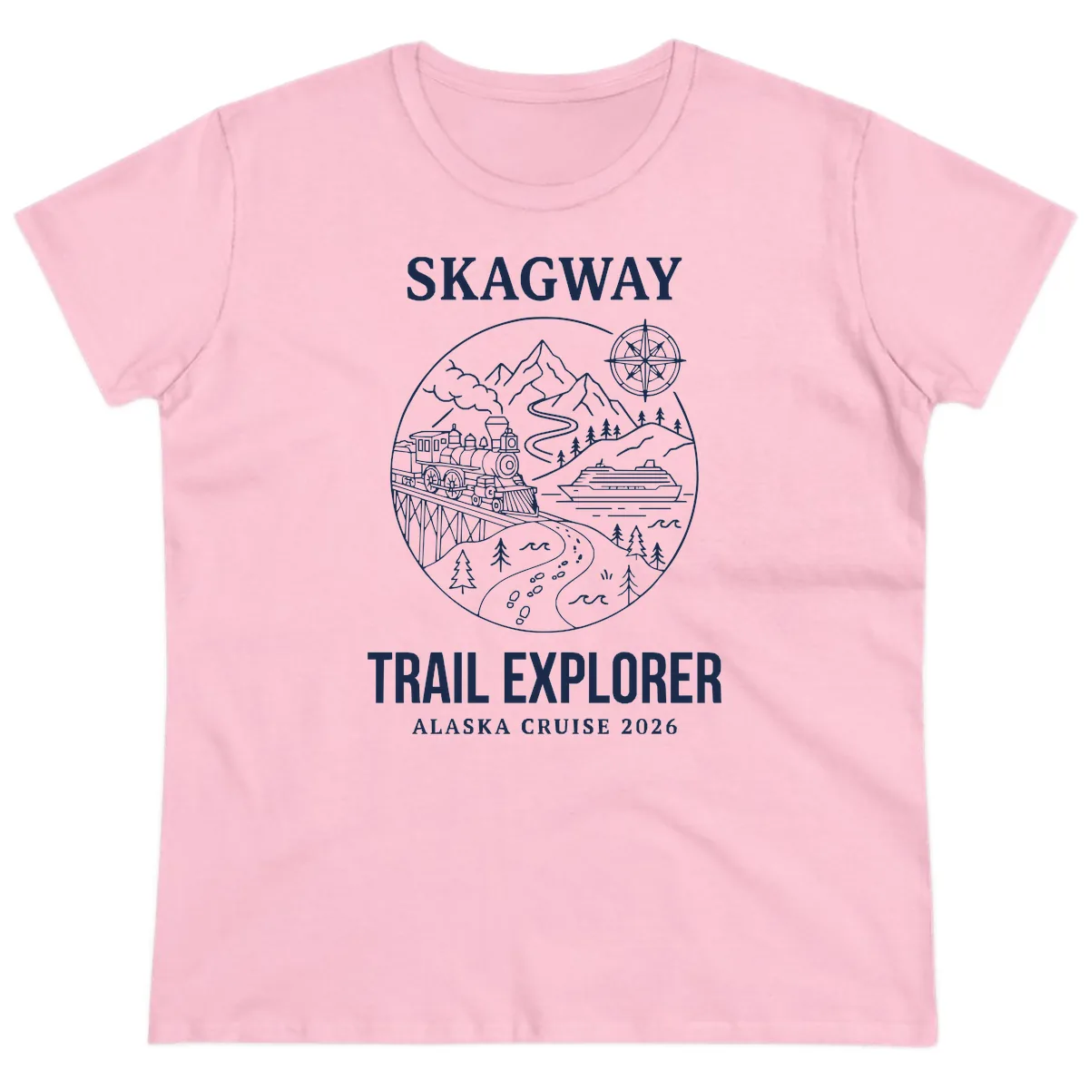 Skagway Trail Explorer Alaska Cruise Ladies Tee in Light Pink