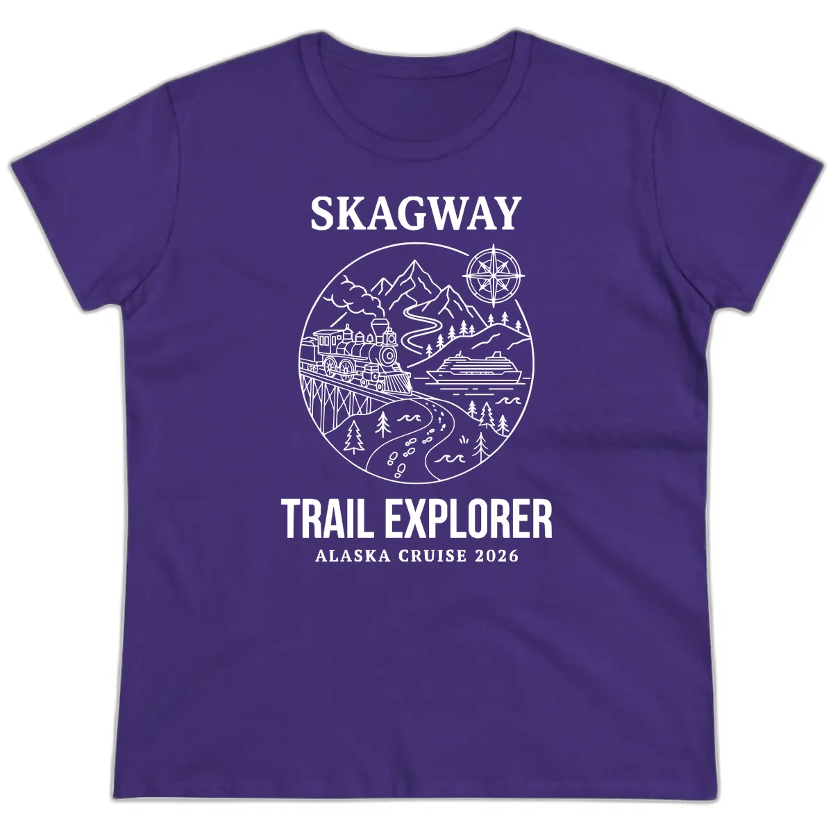 Skagway Trail Explorer Alaska Cruise Ladies Tee in Purple
