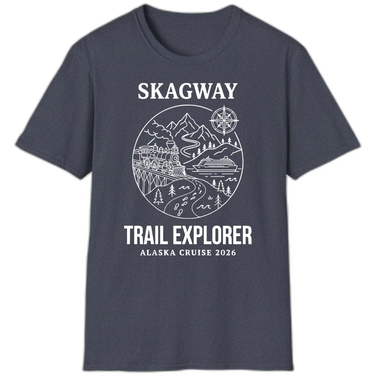 Skagway Trail Explorer Alaska Cruise T-Shirt in Heather Navy