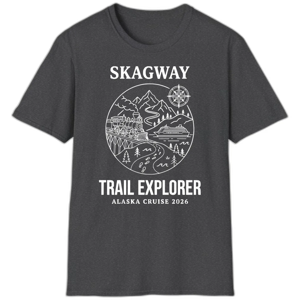 Skagway Trail Explorer Alaska Cruise T-Shirt in Dark Heather