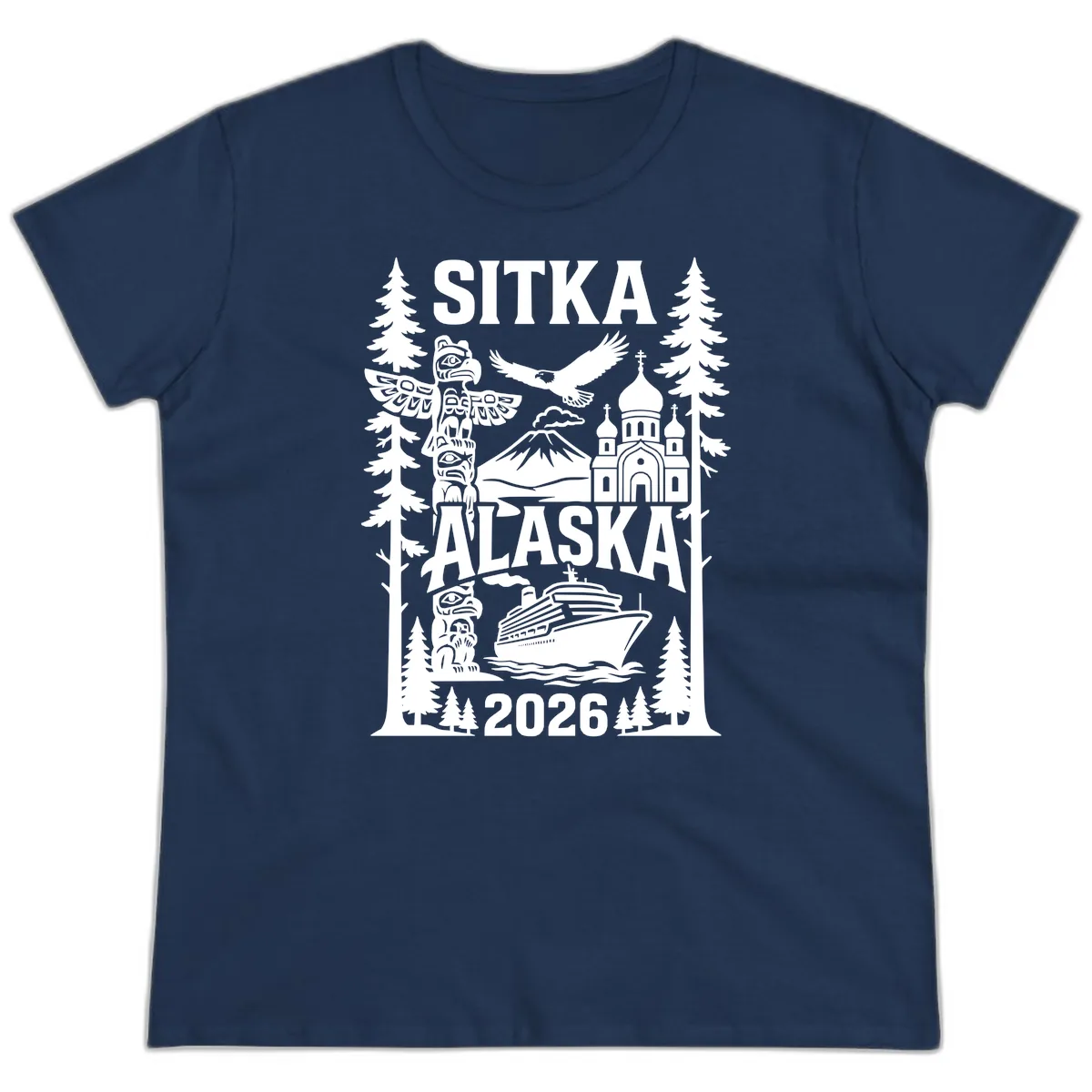 Sitka Alaska Cruise Heritage Ladies Tee in Navy