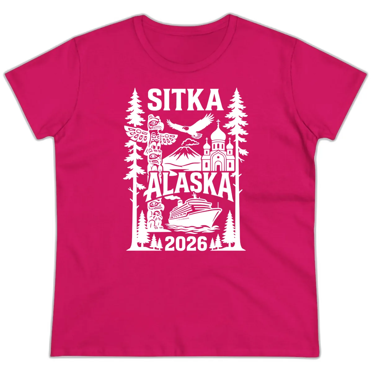 Sitka Alaska Cruise Heritage Ladies Tee in Heliconia
