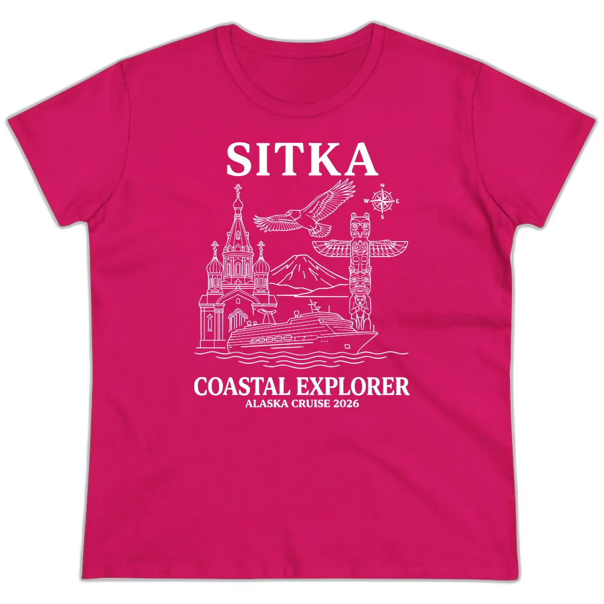 Sitka Coastal Explorer Alaska Cruise Ladies Tee in Heliconia