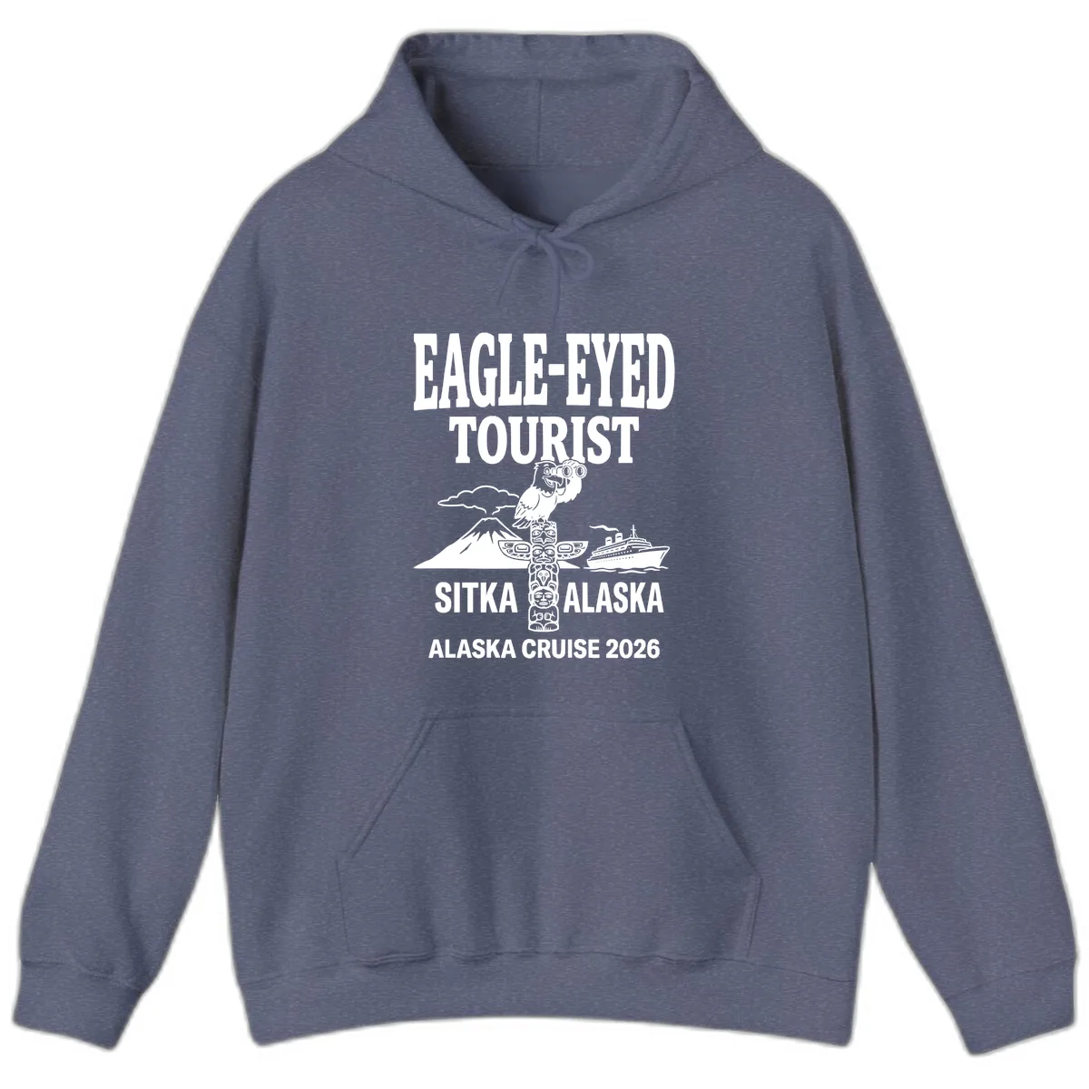 Eagle-Eyed Tourist Sitka Alaska Hoodie in Heather Navy