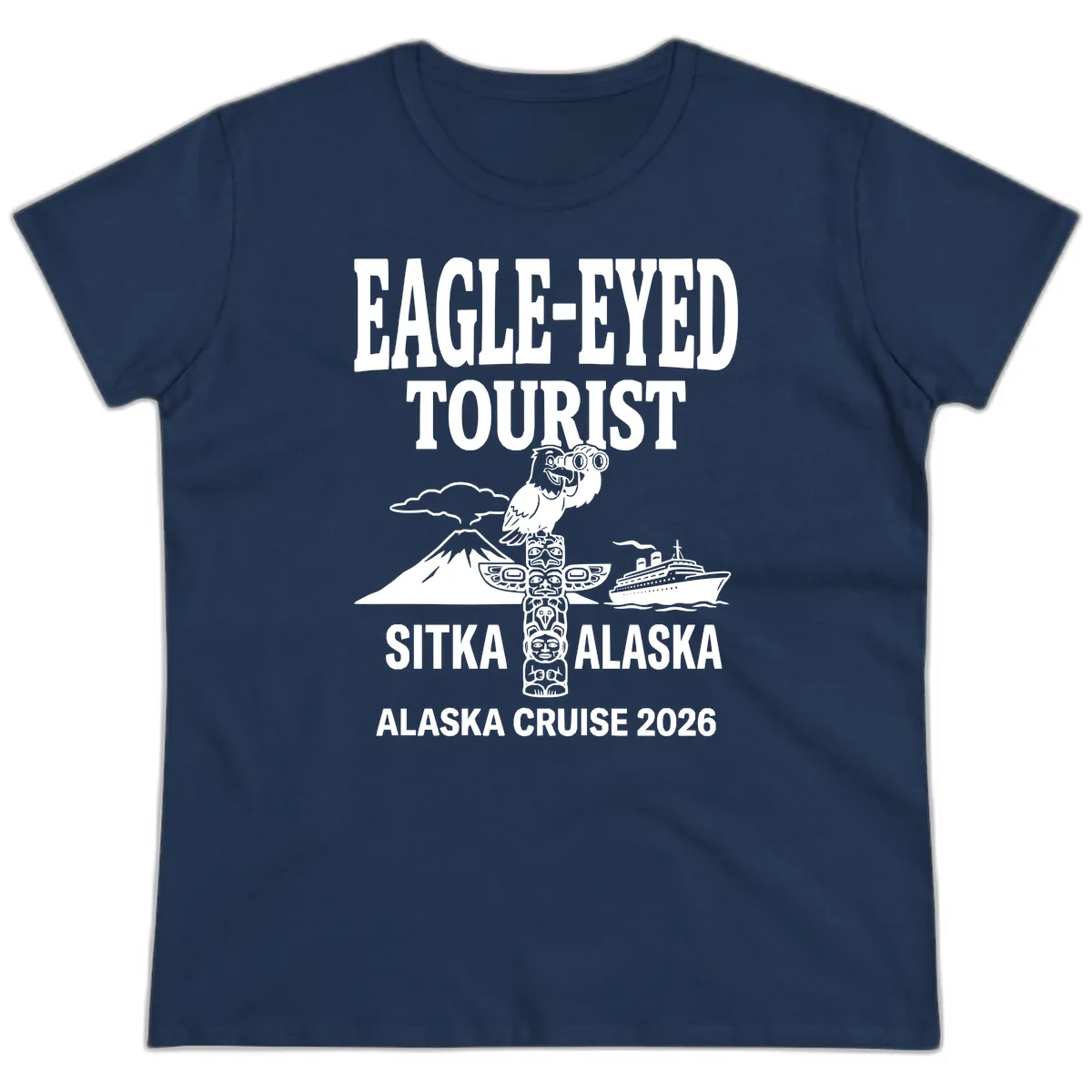 Eagle-Eyed Tourist Sitka Alaska Ladies Tee in Navy