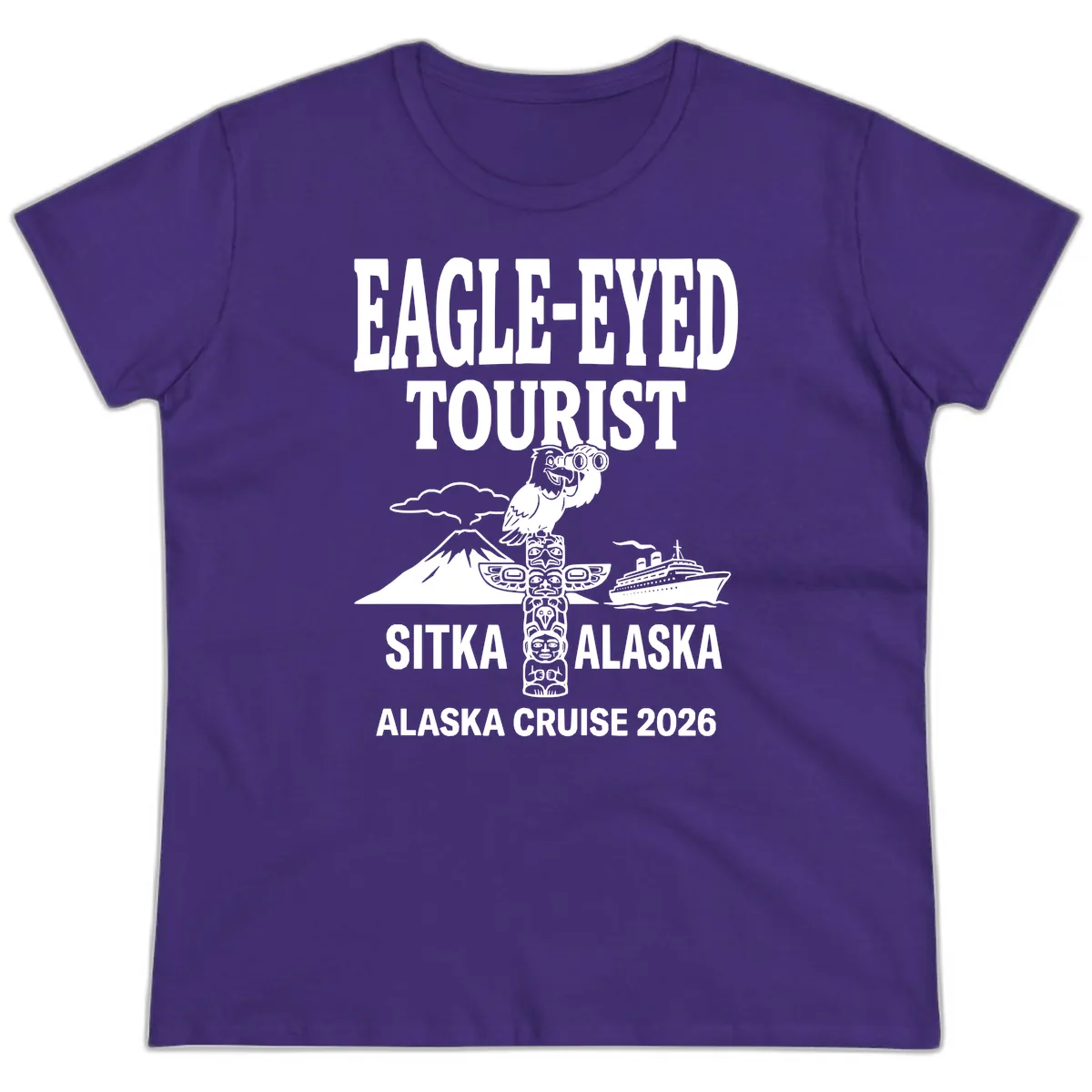 Eagle-Eyed Tourist Sitka Alaska Ladies Tee in Purple