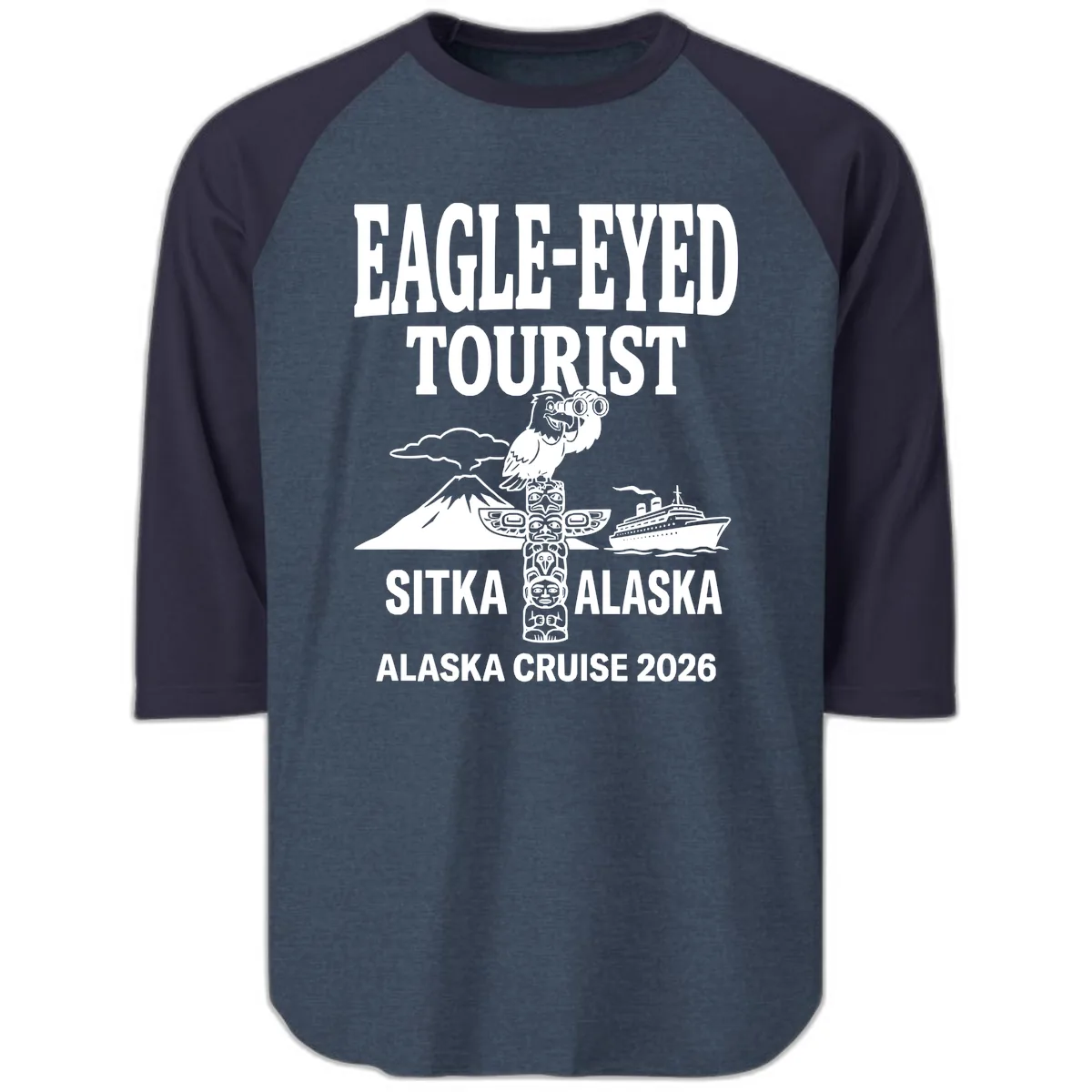 Eagle-Eyed Tourist Sitka Alaska Raglan 3/4 in Heather Denim Navy