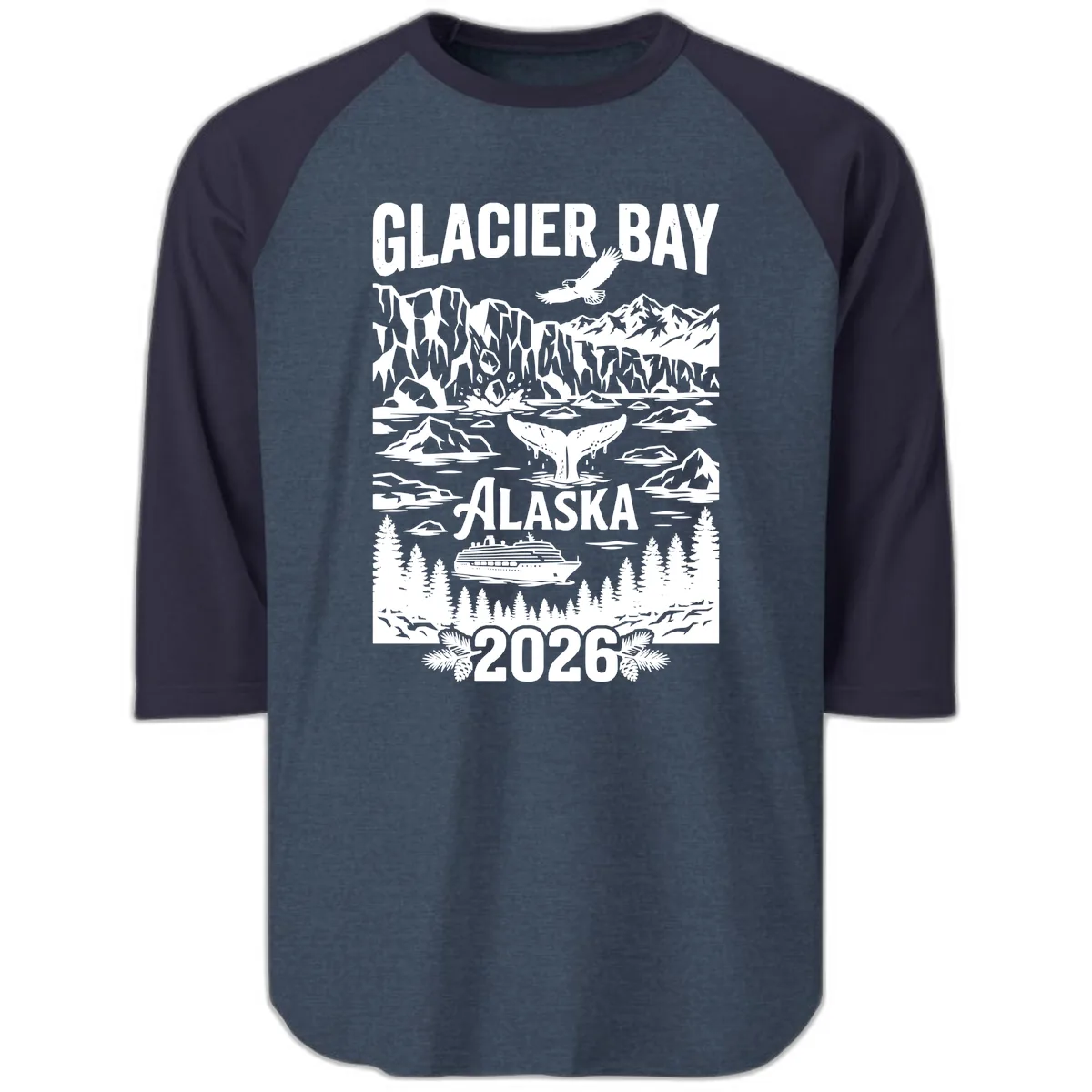 Glacier Bay Alaska Cruise 2026 Raglan 3/4 in Heather Denim Navy