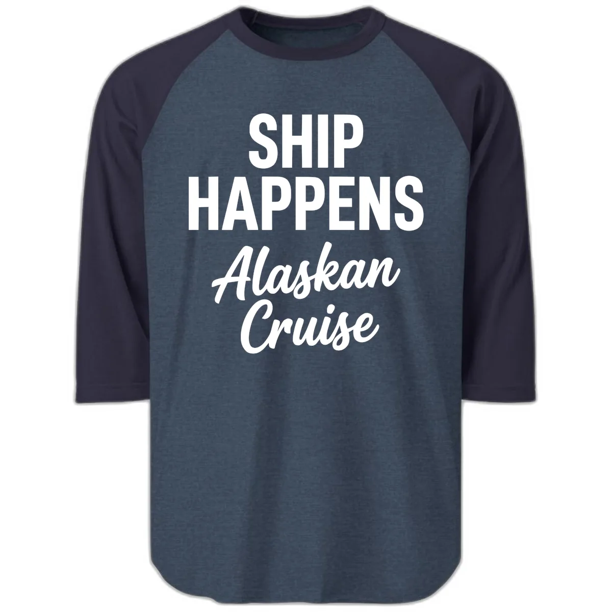 Ship Happens Alaskan Cruise Raglan 3/4 in Heather Denim Navy