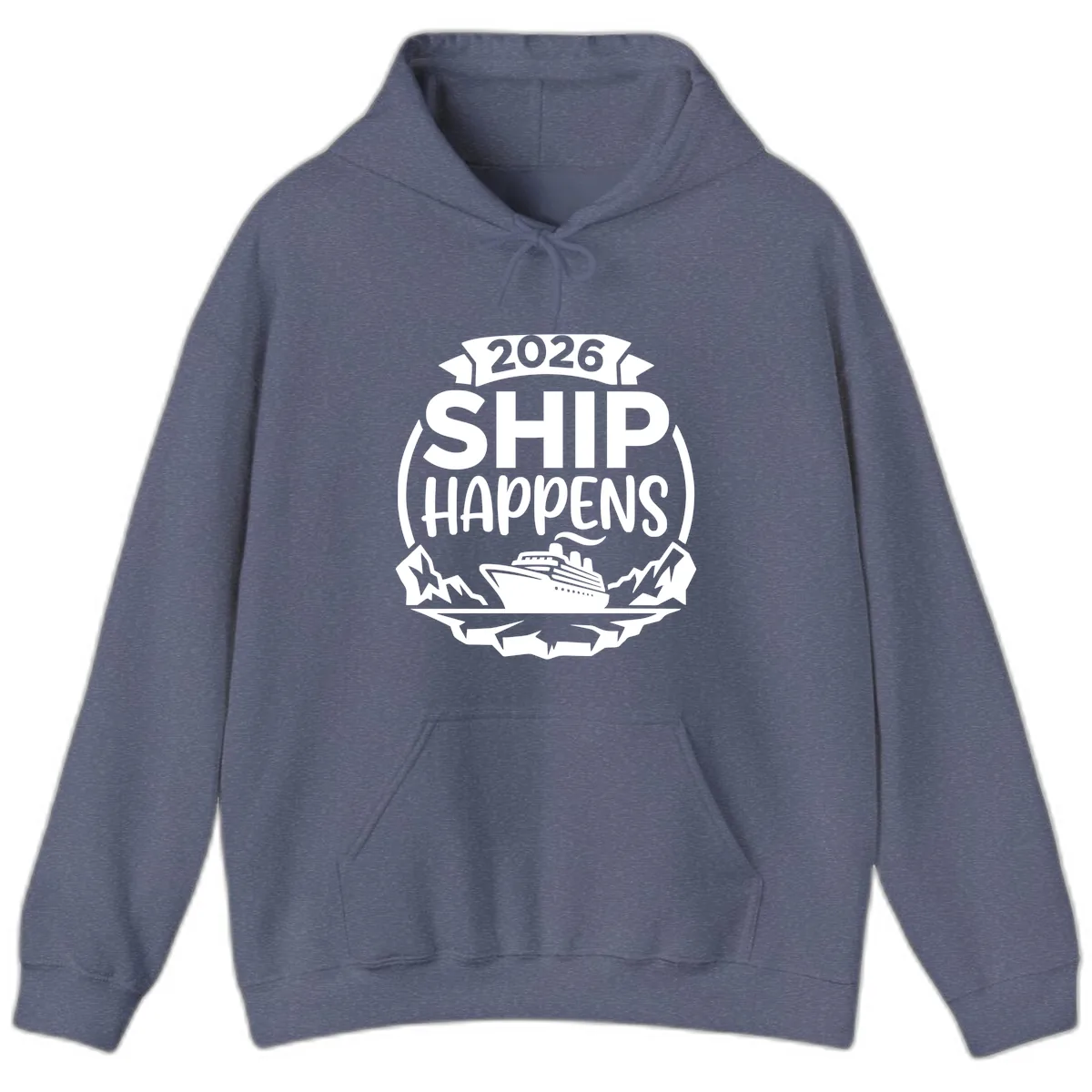 2026 Ship Happens Cruise Badge Hoodie in Heather Navy