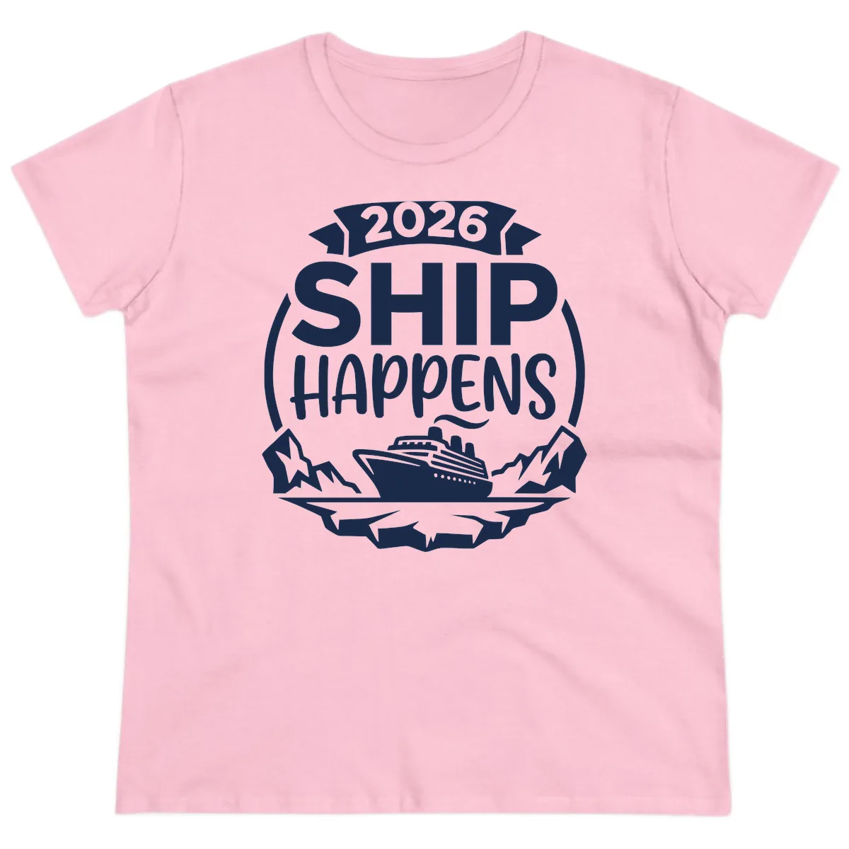 2026 Ship Happens Cruise Badge Ladies Tee in Light Pink