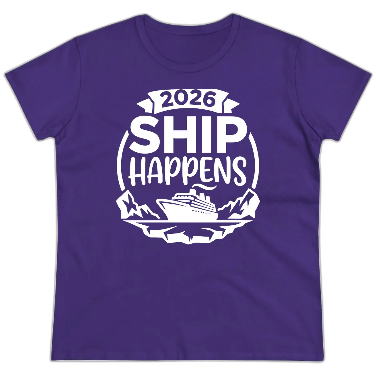 2026 Ship Happens Cruise Badge Ladies Tee in Purple
