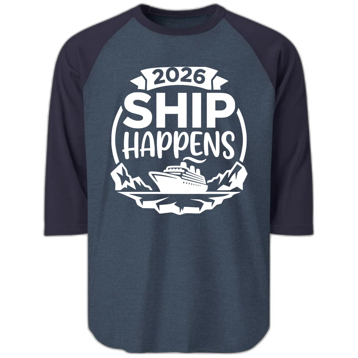 2026 Ship Happens Cruise Badge Raglan 3/4 in Heather Denim Navy