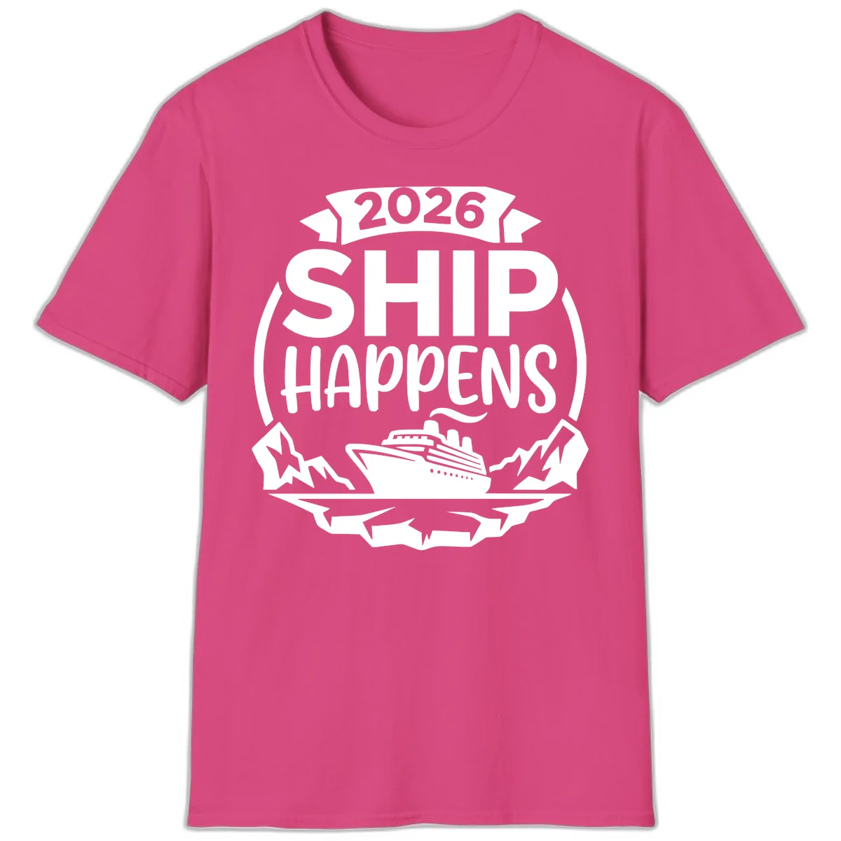2026 Ship Happens Cruise Badge T-Shirt in Heliconia