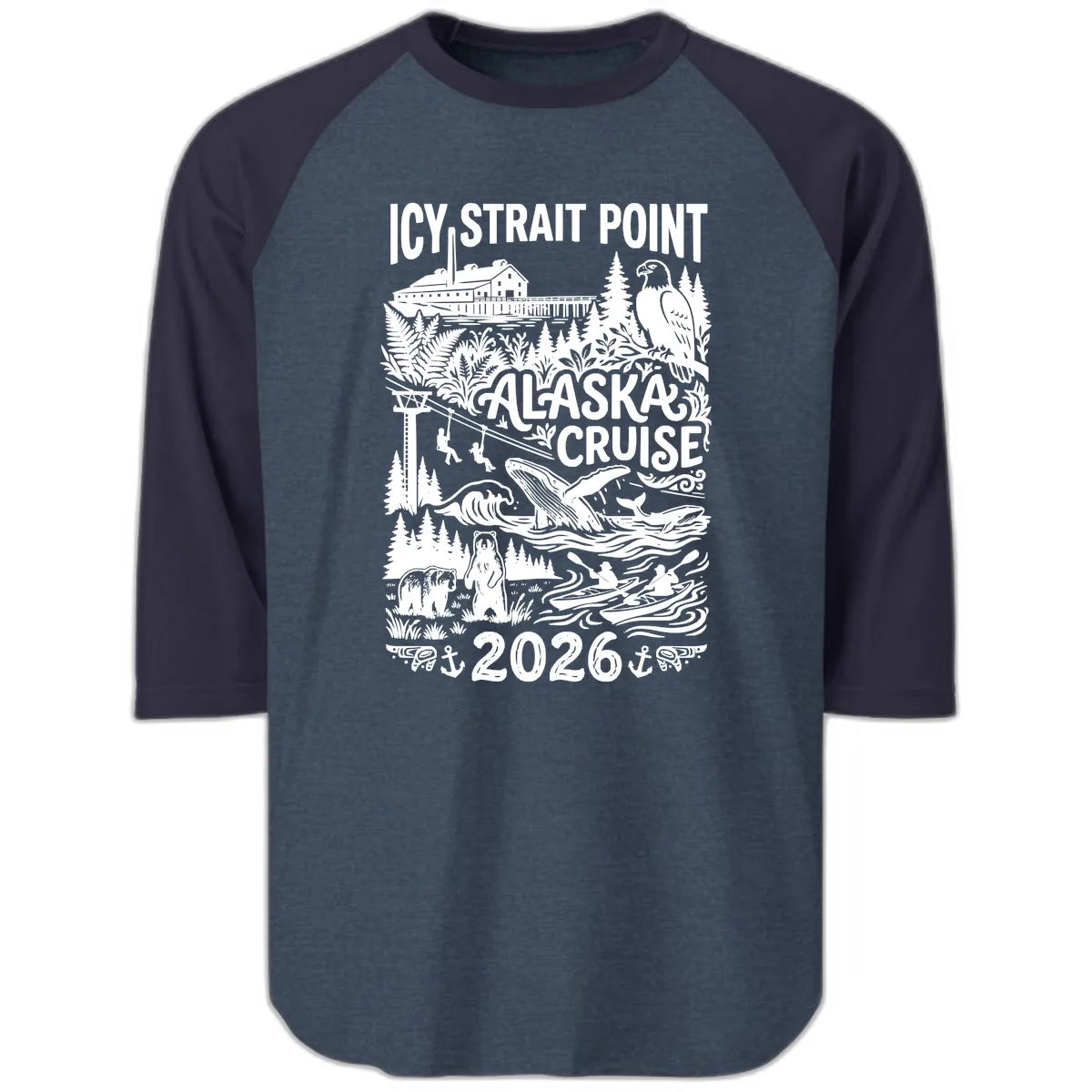 Icy Strait Point Alaska Cruise 2026 Raglan 3/4 in Heather Denim Navy