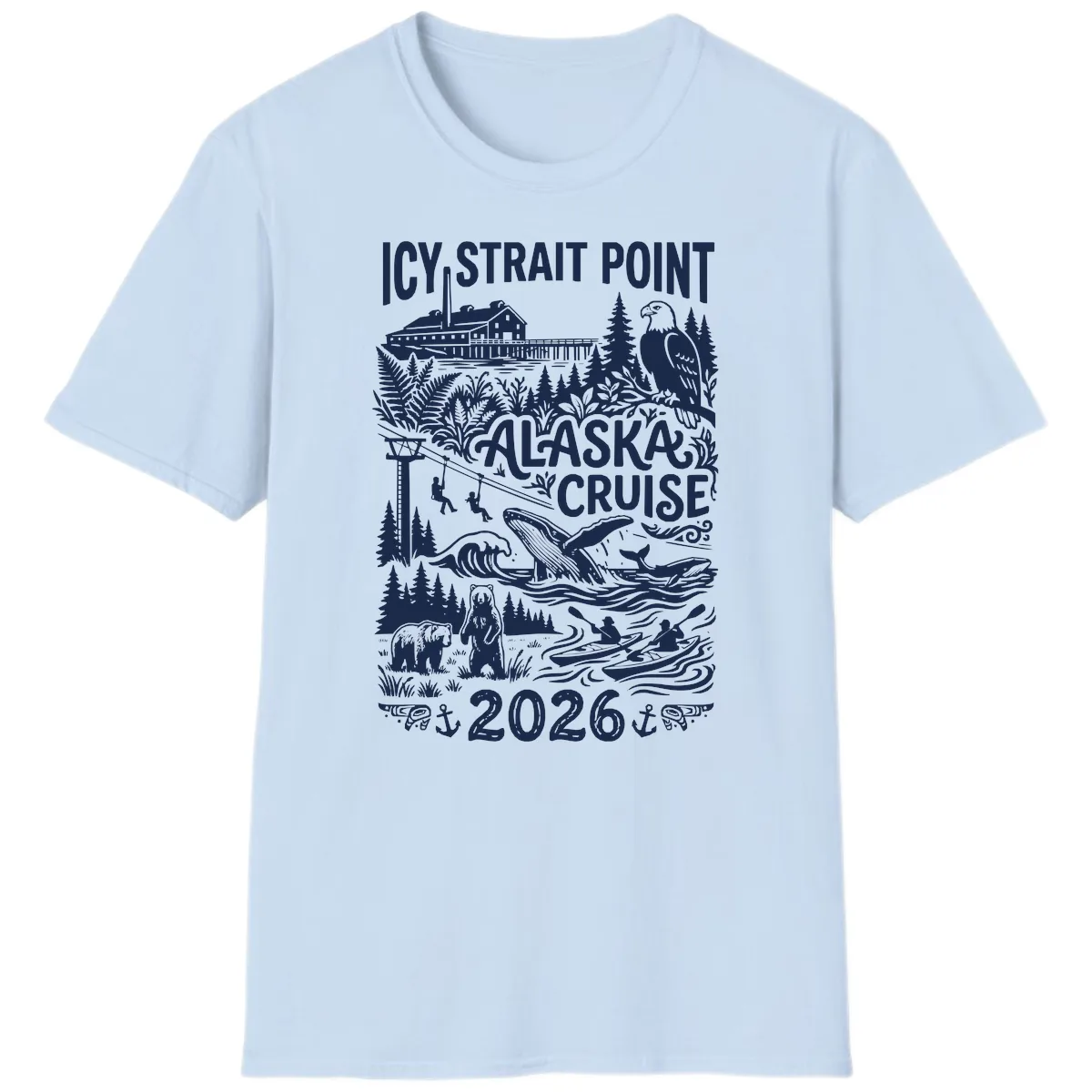 Icy Strait Point Alaska Cruise 2026 T-Shirt in Light Blue