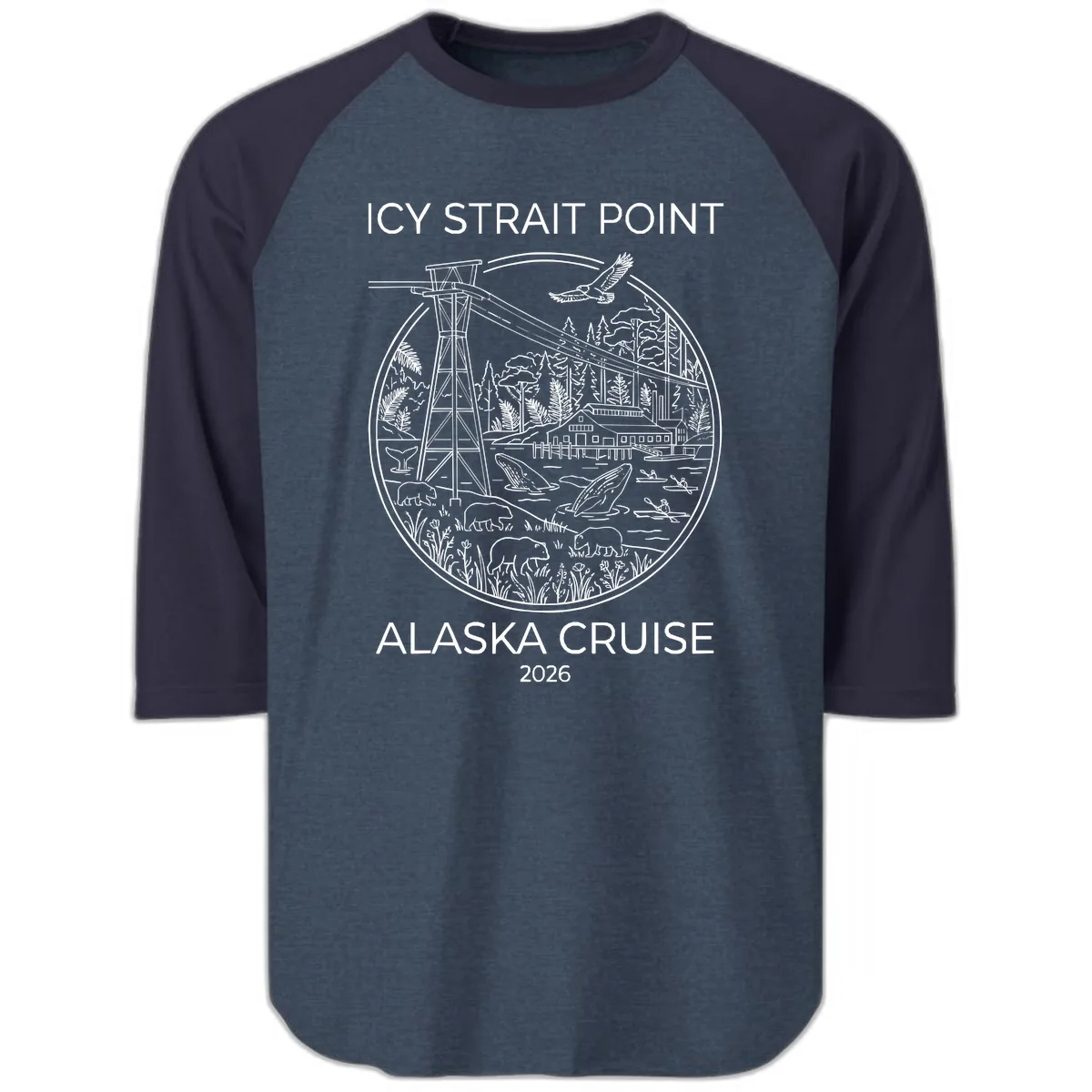 Icy Strait Point Wildlife Panorama Raglan 3/4 in Heather Denim Navy