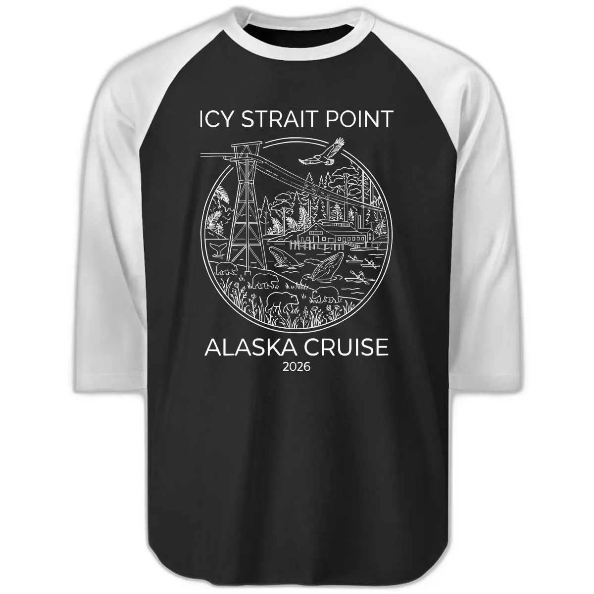 Icy Strait Point Wildlife Panorama Raglan 3/4 in Black White