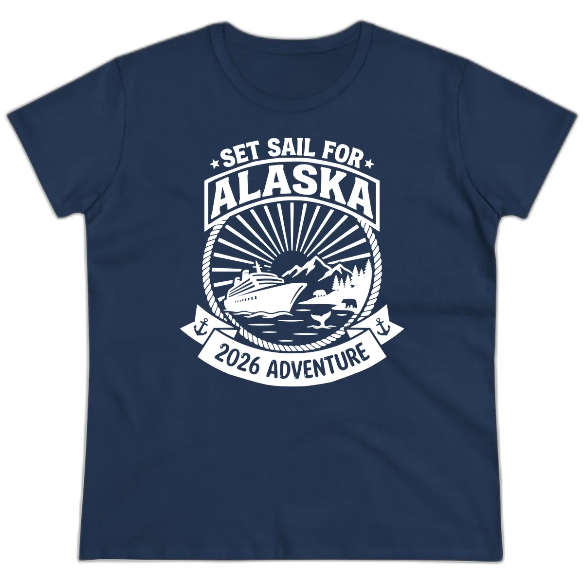 Set Sail For Alaska 2026 Adventure Ladies Tee in Navy