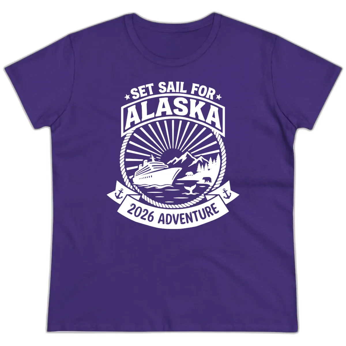 Set Sail For Alaska 2026 Adventure Ladies Tee in Purple