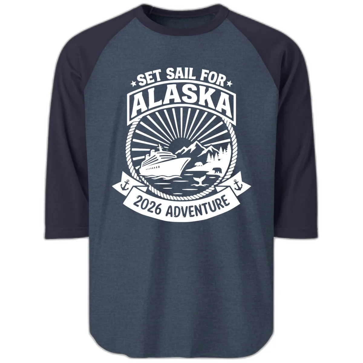 Set Sail For Alaska 2026 Adventure Raglan 3/4 in Heather Denim Navy
