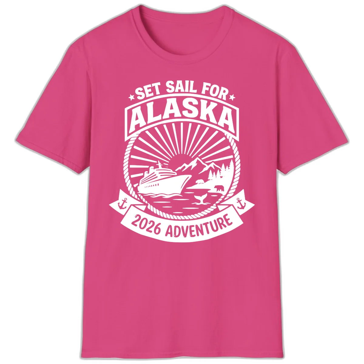 Set Sail For Alaska 2026 Adventure T-Shirt in Heliconia