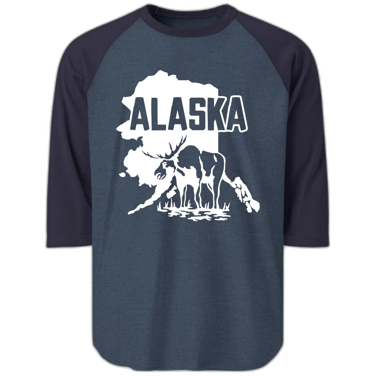 Alaska Wildlife & Map Adventure Raglan 3/4 in Heather Denim Navy