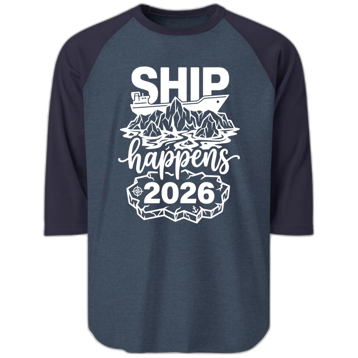 Ship Happens Alaska Cruise 2026 Raglan 3/4 in Heather Denim Navy