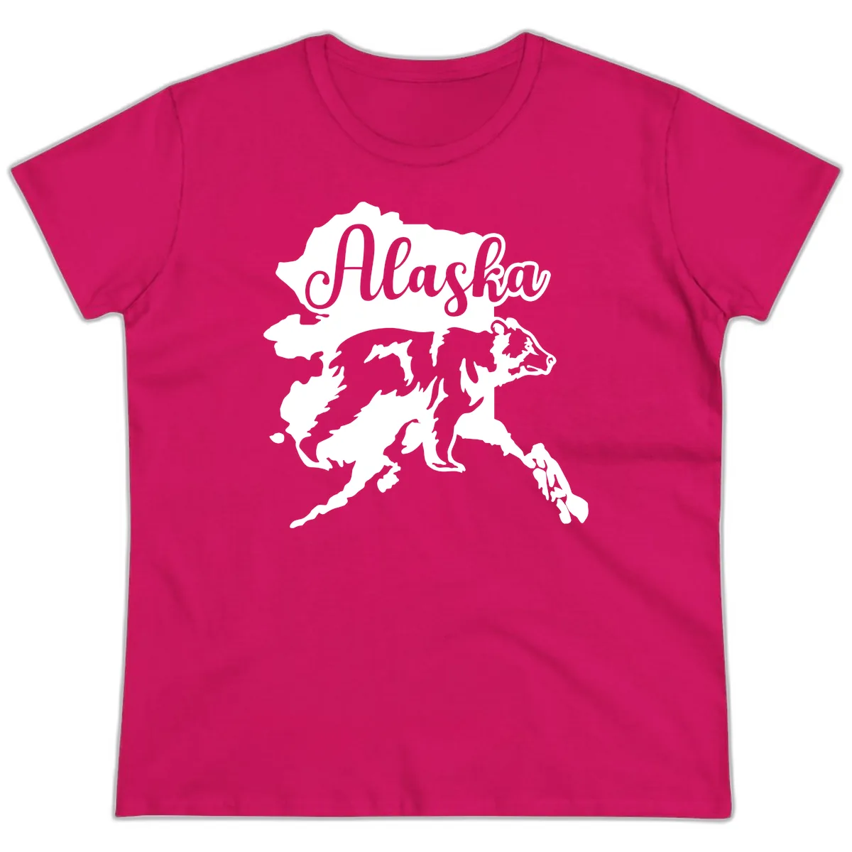 Alaska Bear Map Design Ladies Tee in Heliconia