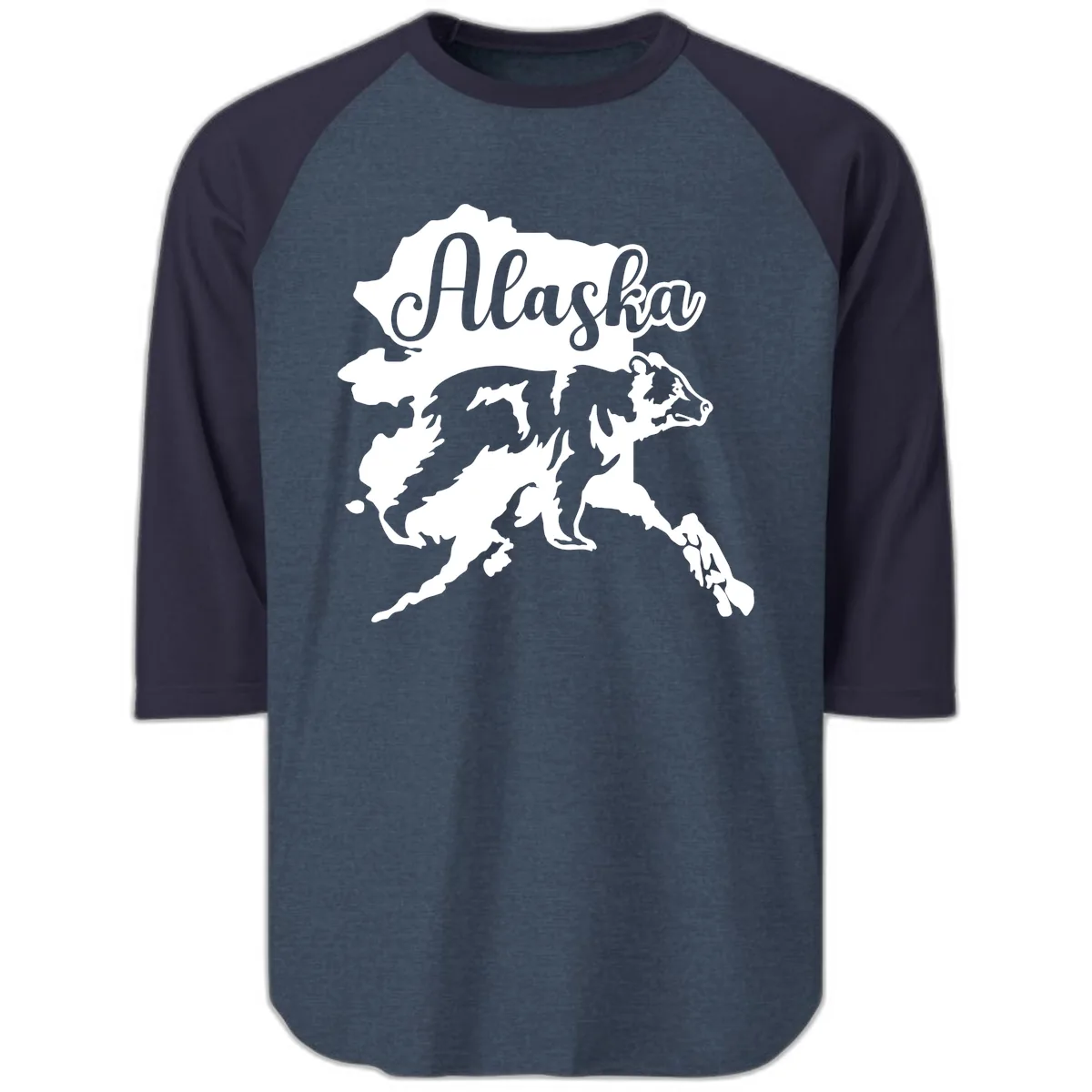Alaska Bear Map Design Raglan 3/4 in Heather Denim Navy
