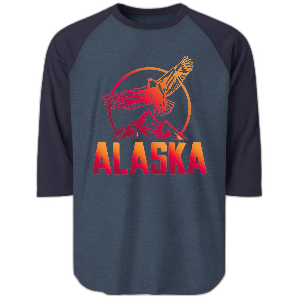 Soaring Eagle Alaska Mountains Raglan 3/4 in Heather Denim Navy