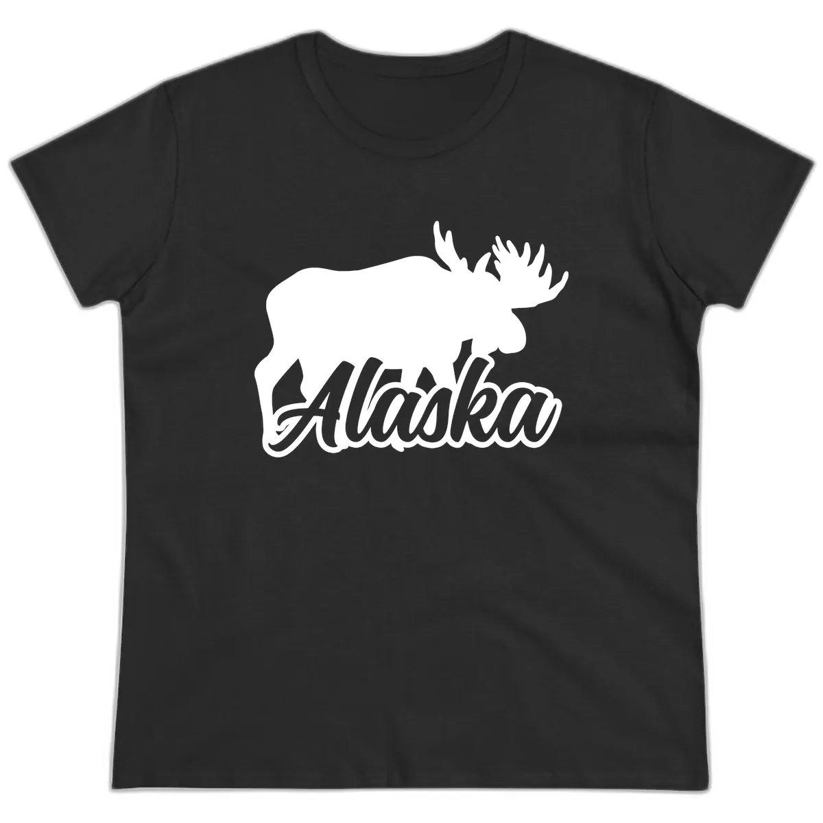 Moose Alaska Silhouette Design Ladies Tee in Black