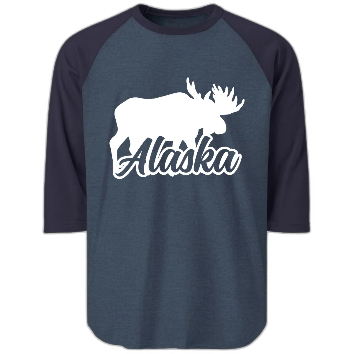 Moose Alaska Silhouette Design Raglan 3/4 in Heather Denim Navy