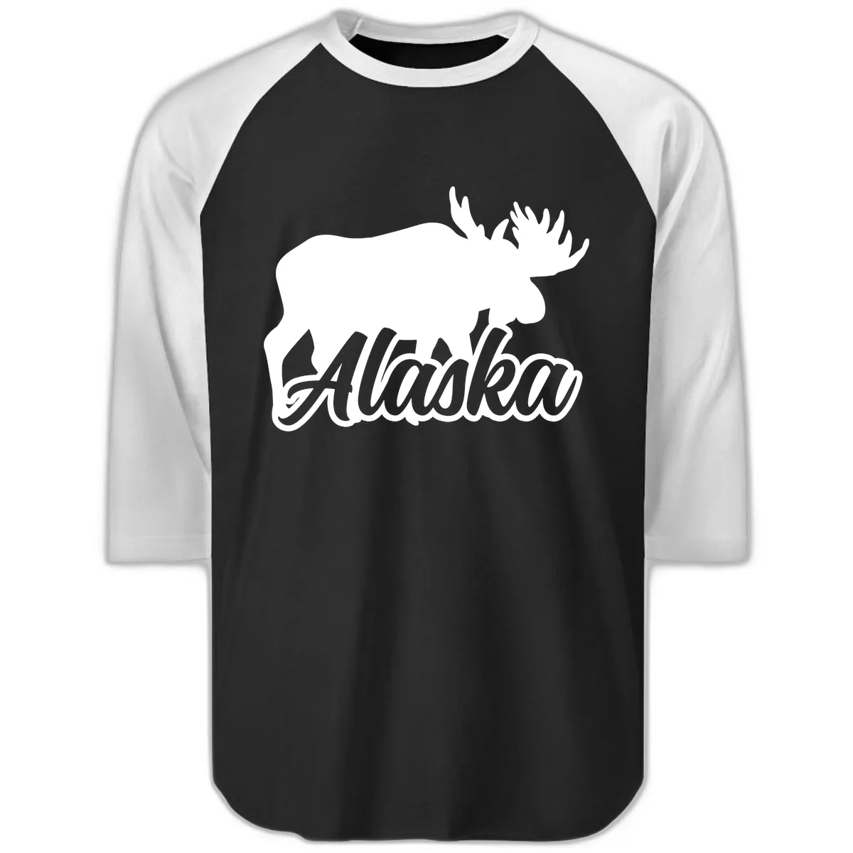 Moose Alaska Silhouette Design Raglan 3/4 in Black White