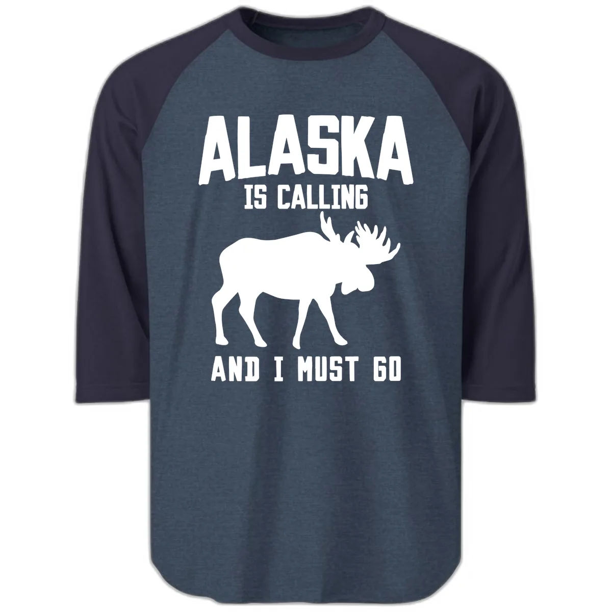 Alaska Is Calling Moose Raglan 3/4 in Heather Denim Navy